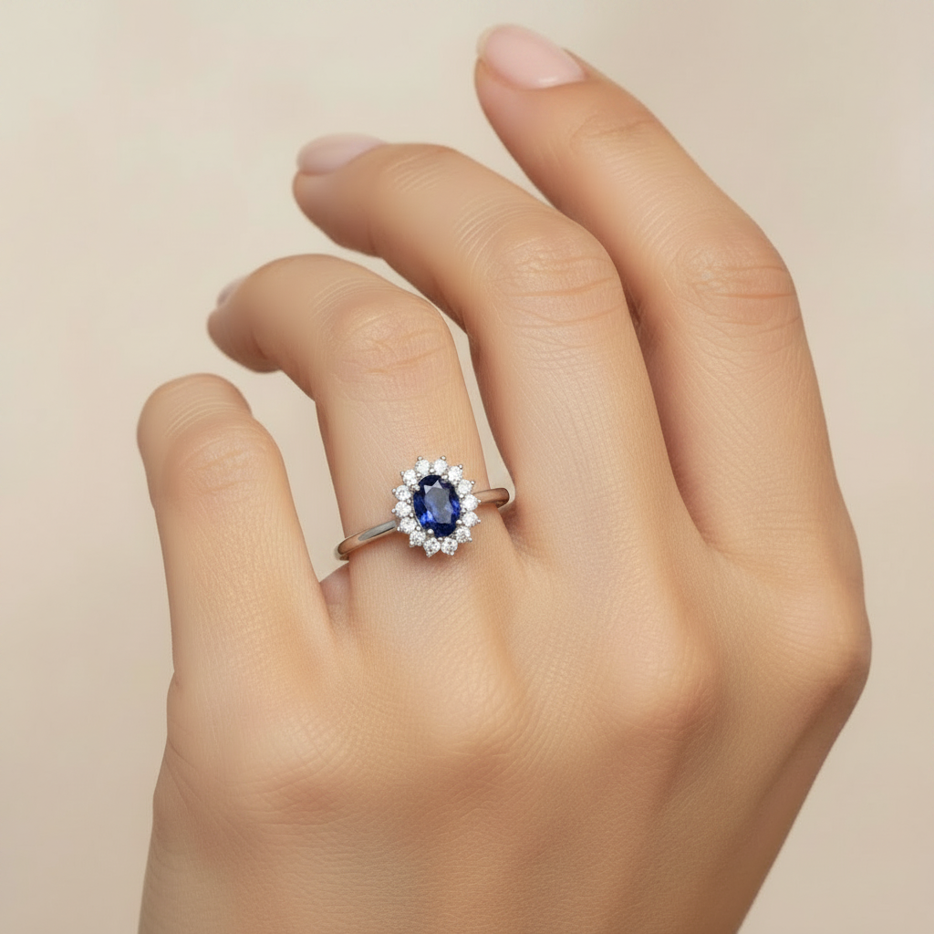 Weißgoldring mit Saphir und natürlichen Diamanten