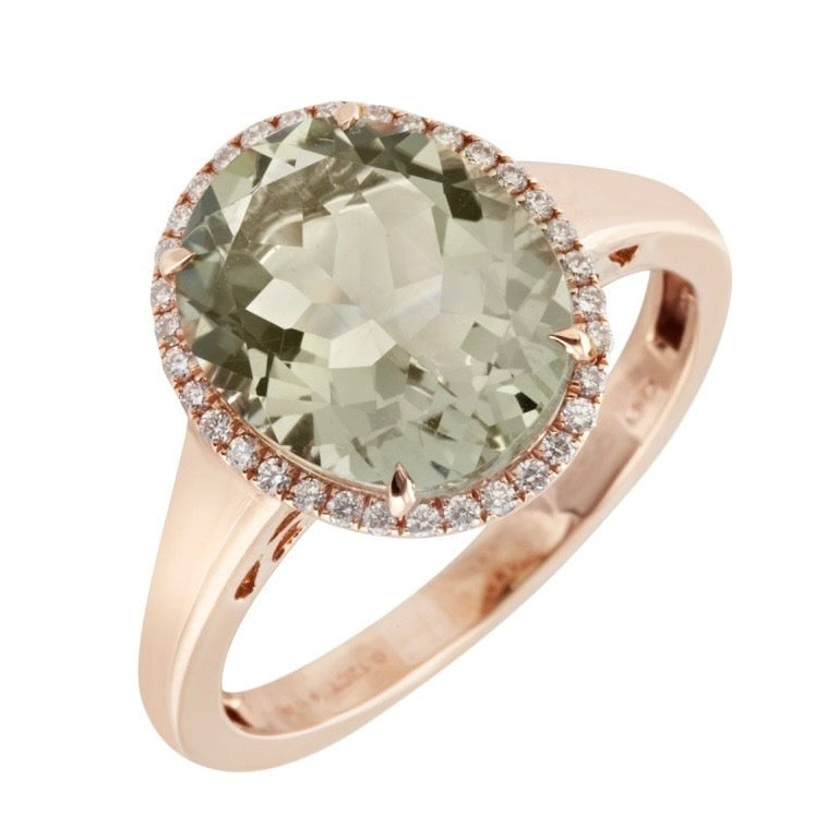Ring aus Roségold mit Mintquarz und natürlichen Diamanten
