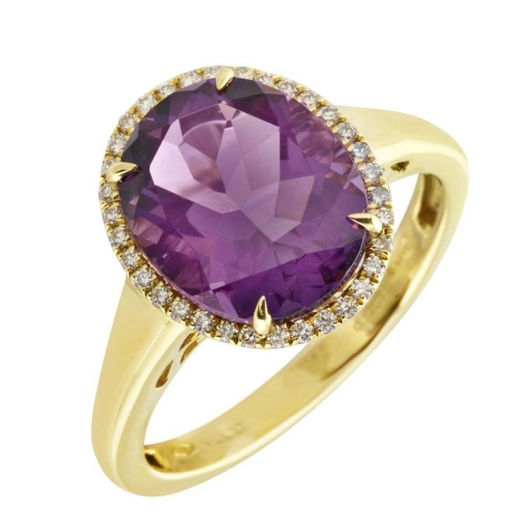 Anello in oro Giallo con Ametista  e diamanti naturali